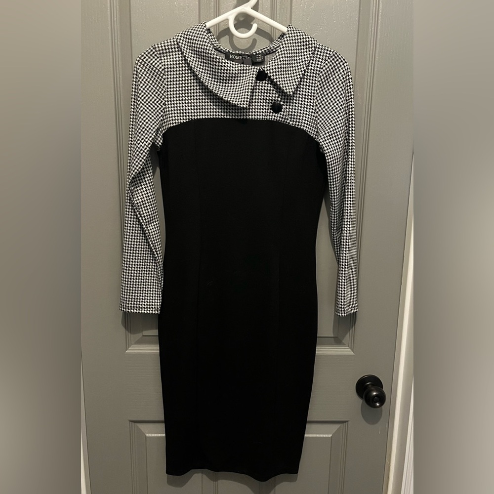 Black Sheath Dress with Black-and-White Houndstooth Yoke and Long Sleeves